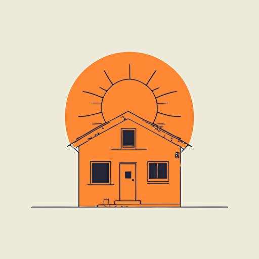 minimalist vector line logo of an orange sun with no rays above a small house in the style of ivan chermayeff