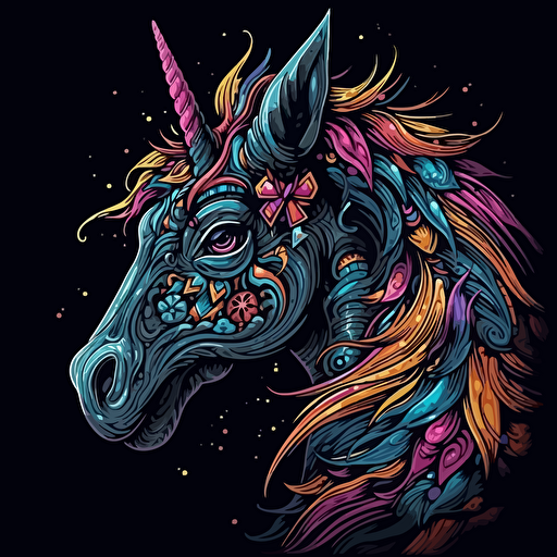 a unicorn, Gothic chibbi unicorn, art style of studio ghibli, detail! Detail! Detail!, new school design cartoon. Vector, 100% black background, ar2:3