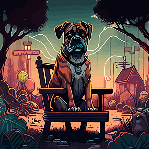 illustrate a detailed avatar of a boxer dog sitting in a chair facing the foregorund, surrounded by magical glowing plants, shrubs, trees, dead roses, with a view of a abandoned city, broken carnival rides in the background, broken billboard. Set from vacant woods in the foreground. Incorporate a gloomy and dreadful vibe to evoke a sense of eerieness and wonder. Use a digital painting style reminiscent of Thomas Kinkade and James Gurneya illustration, drawing, flat illustration, vector style