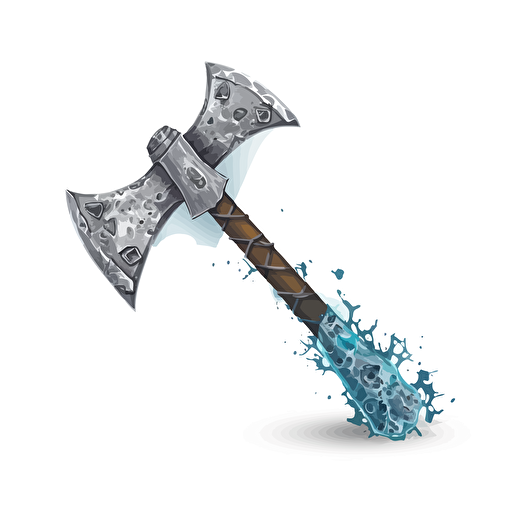 a magical medieval battle axe with blade of ice, vector, white bg