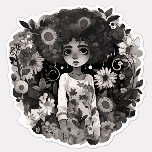 little black girl surrounded by flowers Beautiful Gothic Fantasy, Watercolour cartoon, minimalistic illustration, in black and white vector, sticker