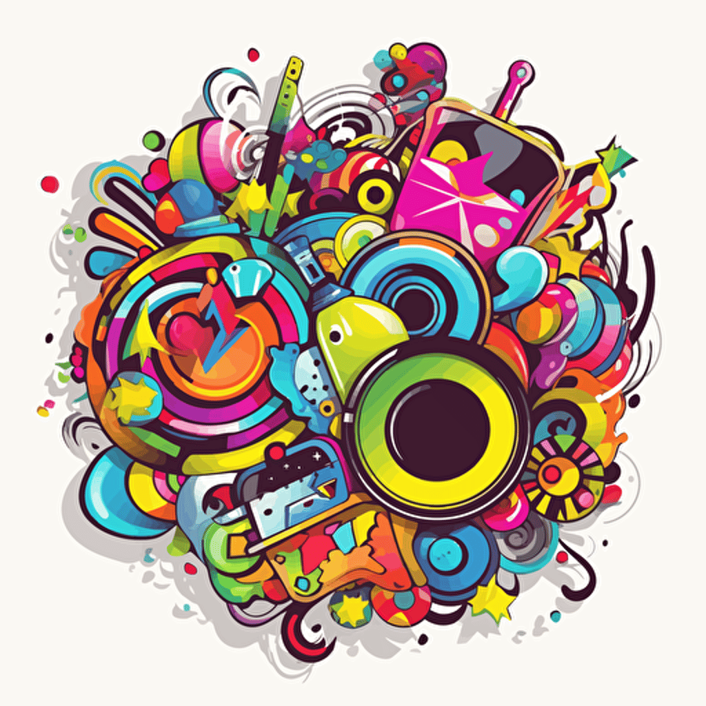 Vector logo sticker for print, creative, detailed random image, mixing several different elements in its composition, vectorized, professional, happy, bright colors,