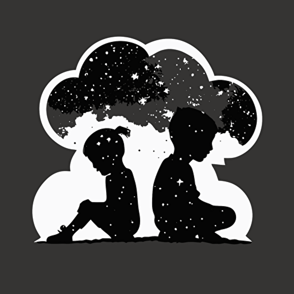 simple logo, vector, minimal, two black kids, boy and girl, kids sitting in a cloud, Silhouette of their heads, stars around them,