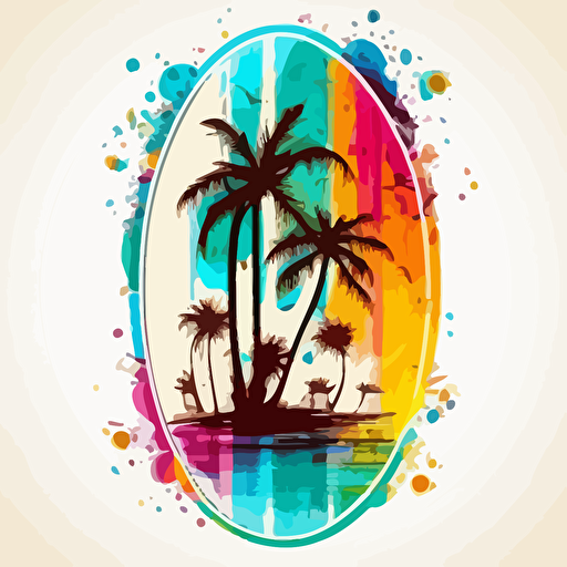 colorful vector beach style surfboard stuck in a beach next to palm trees and waves of water in a circle on white background