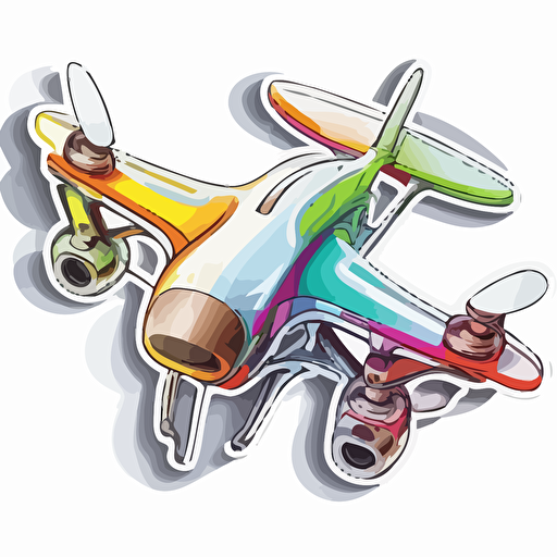 sticker, colorful consumer drone flying, contour, vector, white background