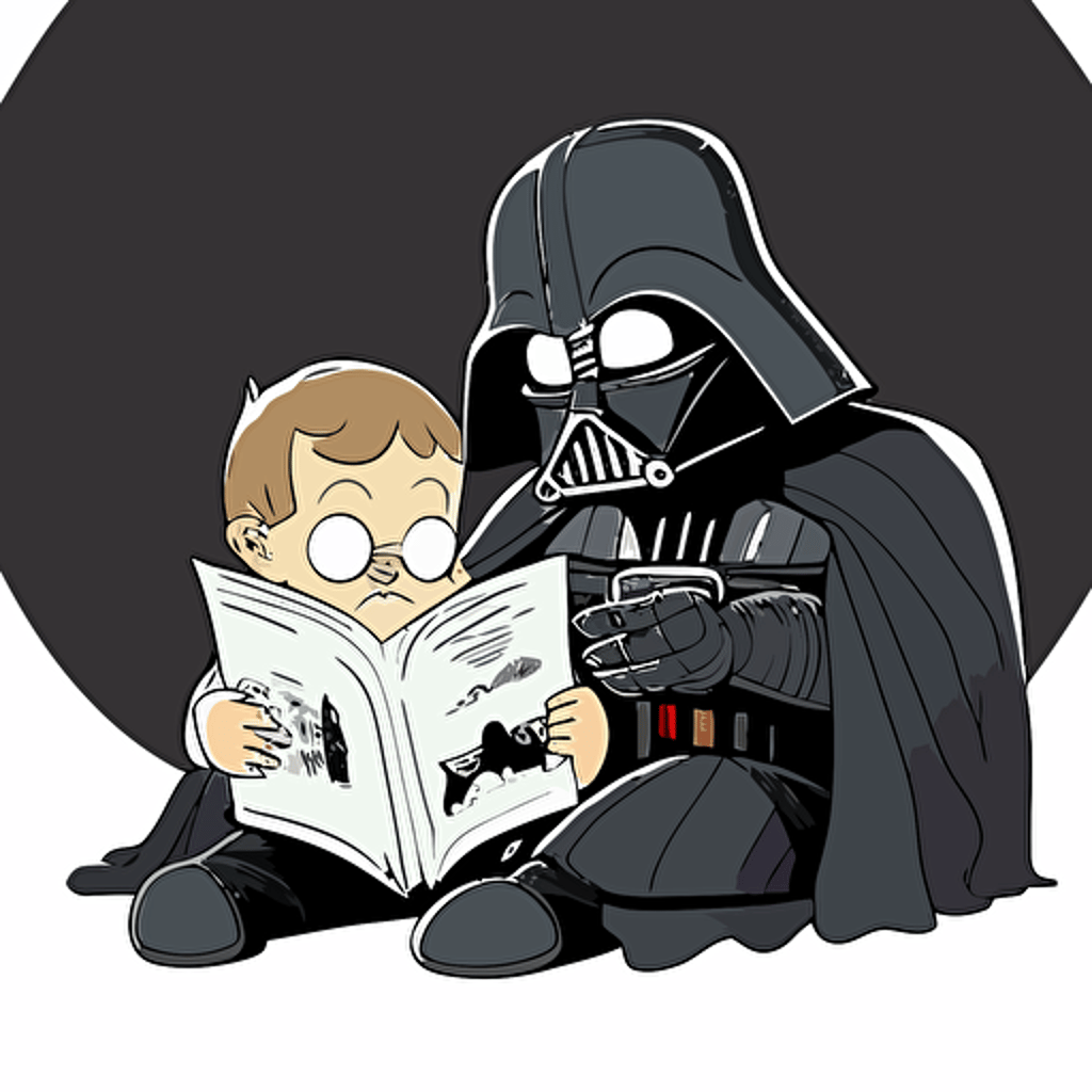 Darth vader reading a bedtime story to child luke skywalker, Clipart, cute, Primary Color, comic style, Contour, Vector, White Background, Detailed