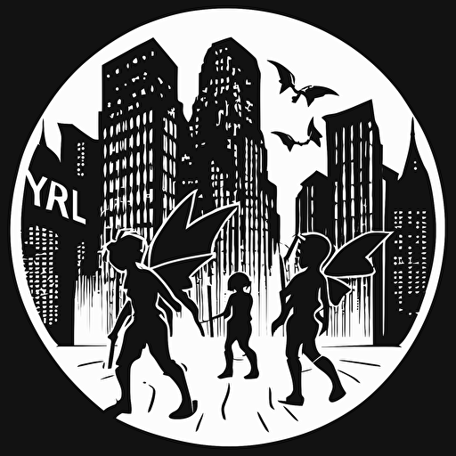 pixies in the bad part of the city, vector logo, vector art, emblem, simple cartoon, 2d, no text, white background