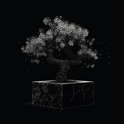 Black background much contrasted by a white vectorise and minimal style cube tree