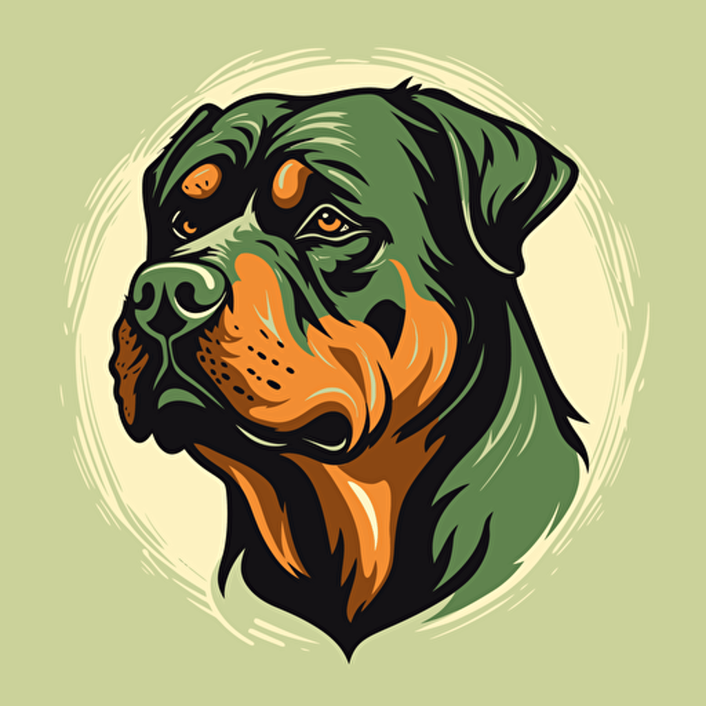 A vector logo of a Rottweiler for a dog grooming business, simple, memorable, rugged, Tough, Outdoorsy, Unconventional, Adventurous, light green, brown