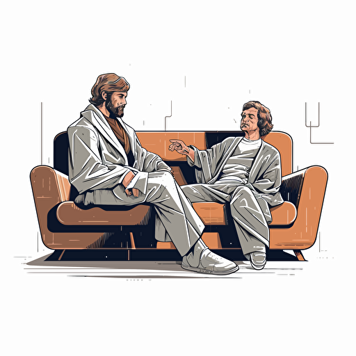 luke skywalker on a couch with light saber, luke skywalker being questioned by a psychiatrist vector drawing white background
