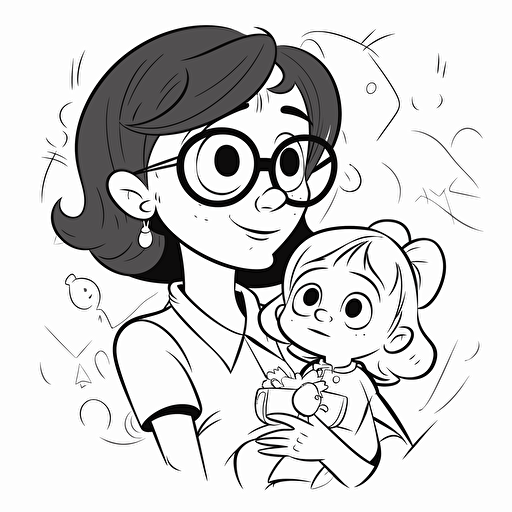 mothers day, pixar style, simple outline and shapes, coloring page black and white comic book flat vector, white background