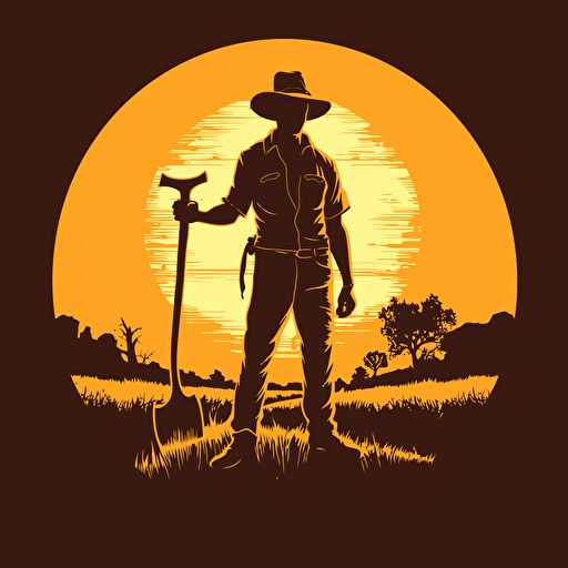 simple vector art of sun, silhouette of farmer holding axe, support local farmer.