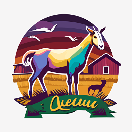 logo, simple vector, goat in front, horse on the side, rabbit laying down, chicken all around, colorfull farm in backround