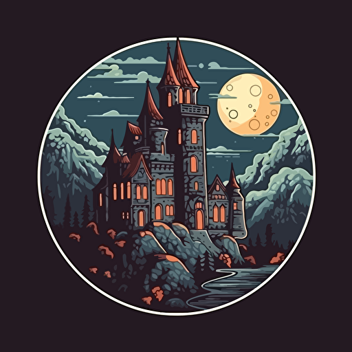 Dracula's Castle at night, Saturday Morning Cartoon logo Style, Sticker, Vector