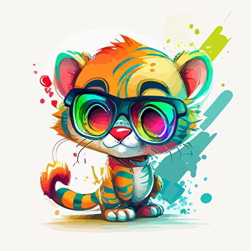 a very cute baby tiger wearing very big sunglasses, as a cartoon type, as a vector, white background, bright graffiti colors