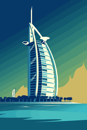 dubai burj al arab, wistful, 1960s, vector art,