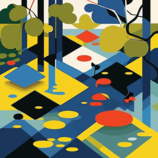 Influenced by Piet Mondrian's geometric abstraction, create a vector illustration of a pond scene where frogs are represented by a combination of simple, rectangular shapes and primary colors. Set the scene in a stylized, modern environment.