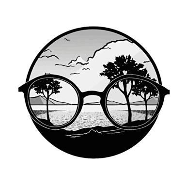a sticker showing a pair of round sunglasses, without any other details around, and inside the sunglasses a sunset, in minimalistic vector style, black and white with white background