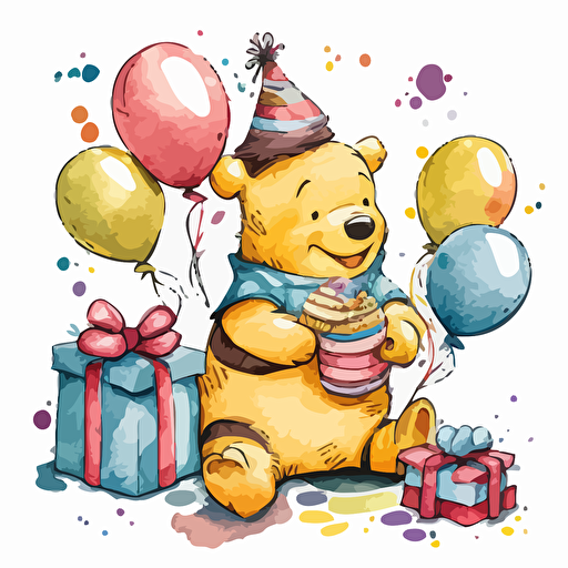 watercolor very happy cheerful Winnie the Pooh with gift packages. Set in a delightful birthday party scene, with decorations, balloons, and a festive atmosphere all around. whole body, Vector drawing on a white background