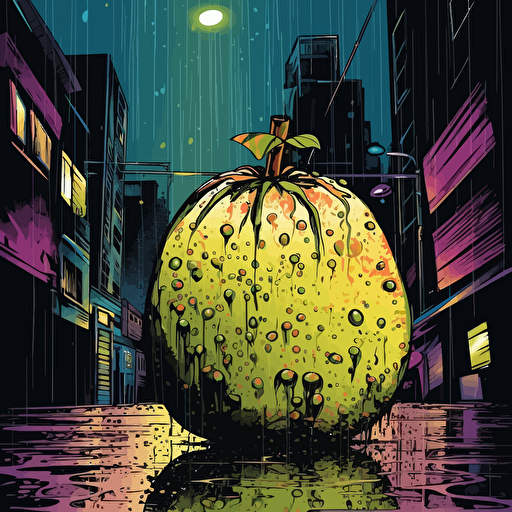 one juicy exotic fruit, urban night scenery, distorted, dimmed lights, depth of field, rough, textured, grainy surface, dusty, vector, colour drips, graffiti, artificial, highres