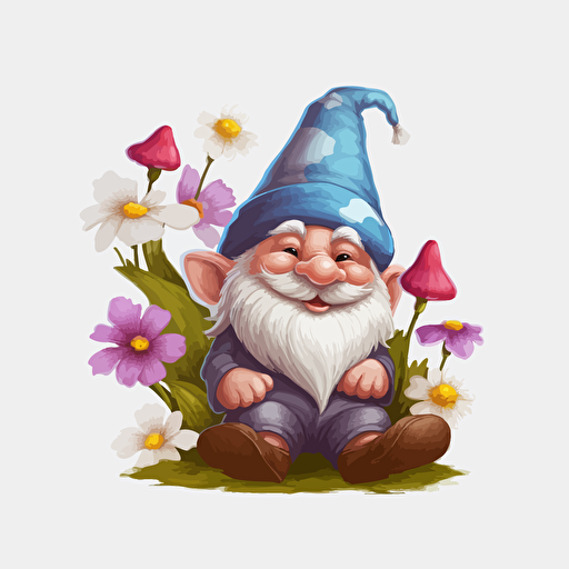 cute gnome, flowers, detailed, cartoon style, 2d clipart vector, creative and imaginative, hd, white background