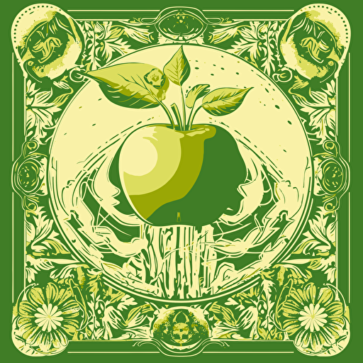 a green slicedd apple illustration with framed botanical ornaments simplified illustration with a shinning sun using the illustrator illustration styles, vectorized, moder pantone colorful pallet