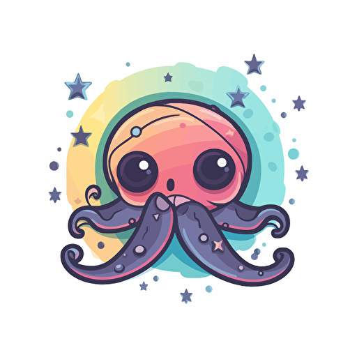 flat 2d vector logo of a cute octopus, muted rainbow, 80s,galaxy-inspired