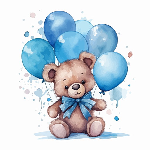cute teddybear wearing blue bow and holding blue balloons, watercolor, vector