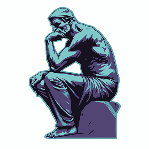 Sticker of The Thinker by Auguste Rodin, vector, in the style of Shepard Fairey, color purple teal black white, no shadow, white background