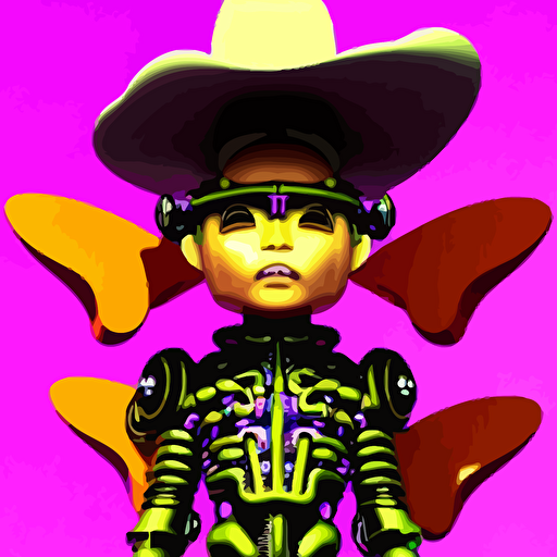 3d render chibi cyborg punk ichiro tanida wearing big cowboy hat wearing angel wings psychedelic swirly background 3d butterflies 3d flowers n style 1990 s cg graphics 3d rendered y2 k aesthetic ichiro tanida 3do magazine