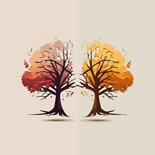 3 color symbol logo of two oak trees side to side, it has to be geometrical, simple, elegant, warm colors, vector.