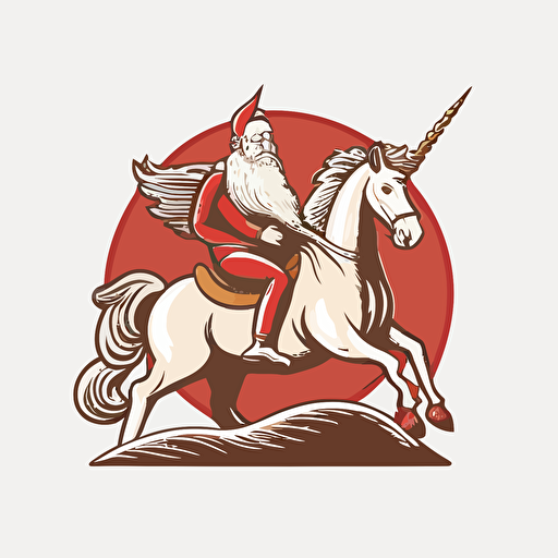 santa riding a unicorn, vector logo, vector art, emblem, simple cartoon, 2d, no text, white background