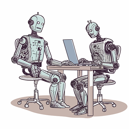 a friendly robot and a human working next to each other on their computers, white background, in the style of vector art,