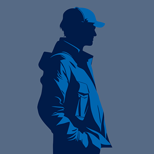 silhoette of professional worker, sleeves rolled up, blue color, gray background, simple design, vector style, white outline over silhouette