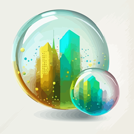 Several transparent balls with a city inside that roll. Vector styling. Very colored. White background