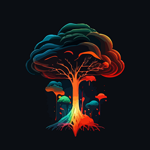tree of life, dark background, RGB lighting, mushroom cloud, lava, logo, simple, minimal line, vector