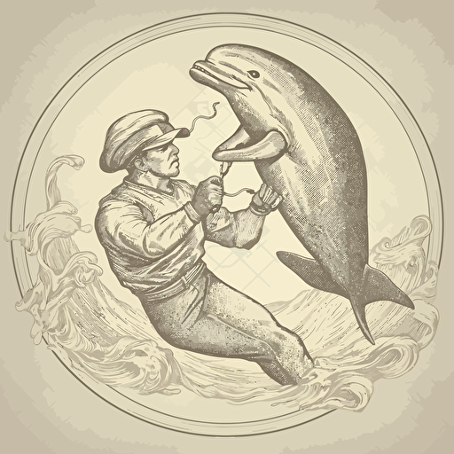dolphin fights with boxer with mustache, old illustration, vector