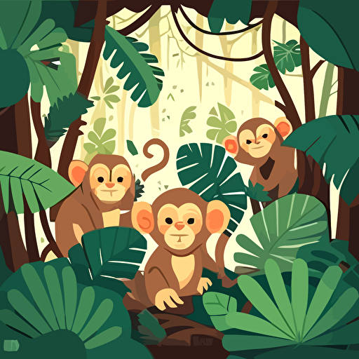 Jungle with monkeys. Vector image. Illustration to a children book. Flat colors.