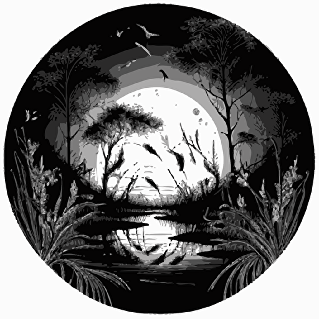 fantastical swamp drawing, monotone, single layer, no shadows, #000000, 700mm diameter perfect circle, black outer border, vector art, night time