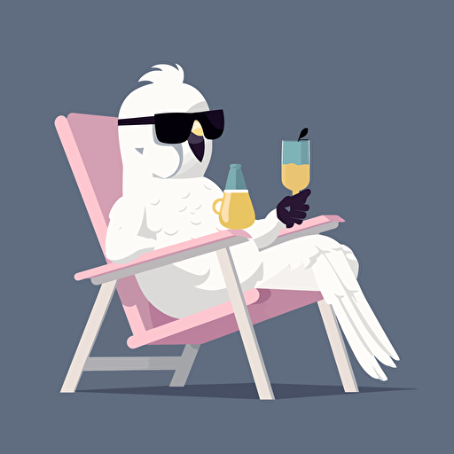 A white cockatoo wearing black rimmed sunglasses with pink lenses, laying on its back in a lawn chair drinking a single cocktail. flat style illustration for business ideas, flat design vector, industrial, light color pallet using a limited color pallet, high resolution, engineering/ construction and design, colored cartoon style, light indigo and light gold, cad( computer aided design) , white background