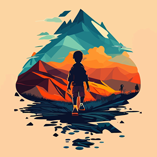 logo design of little boy on trail to mountain peak:: simple vector art:: vivid light blue and orange