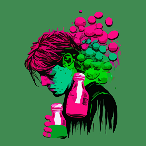 vector,splashy,pink,green,face,boy,holding pills bottles in hands,depressed,sad,crying