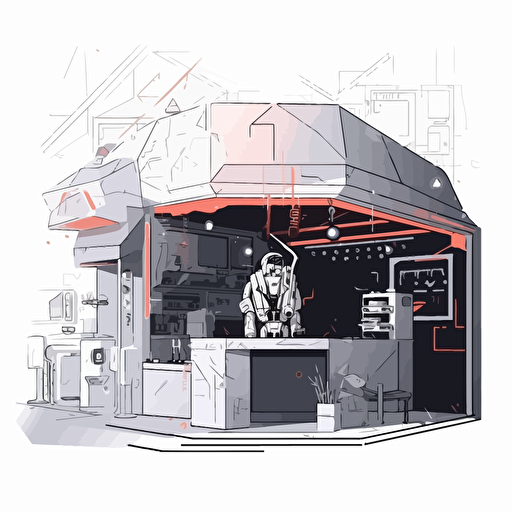 2D vector coffee shop in minimalism cyberpunk style. Colors: FB6B00 and 000000. Background white