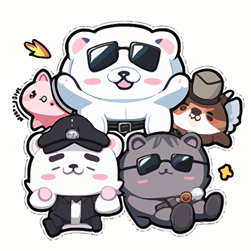 sticker, different animals with black Suits, kawaii, contour, vector, white