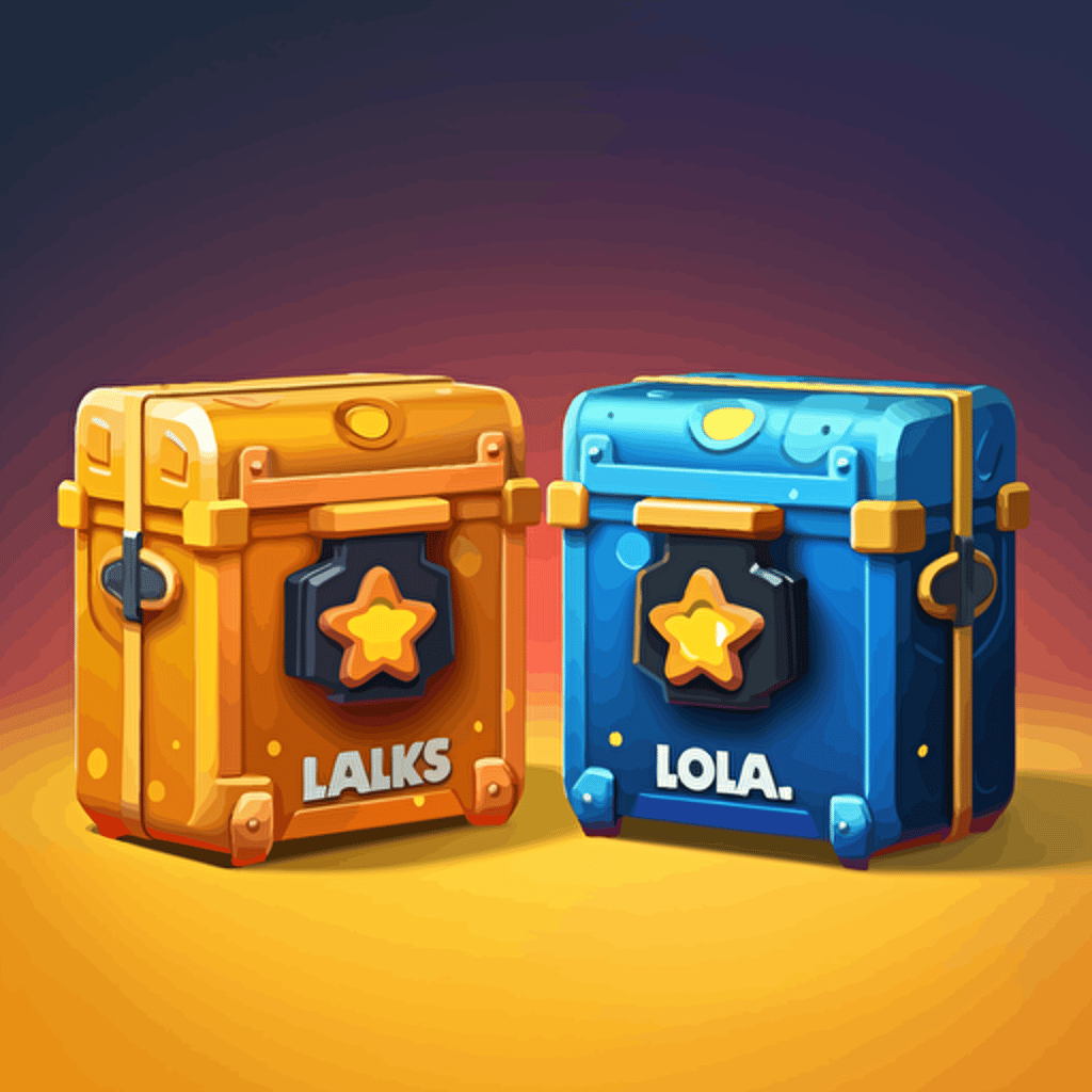 lootbox with 2 versions one opened and one closed, brawl stars style ui lootbox, 2d stylized, vectorized