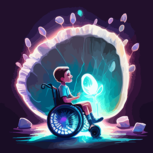 a young boy smiling in a wheelchair holding a beautiful oyster, but in the place of a pearl inside, there is a glowing viral vector