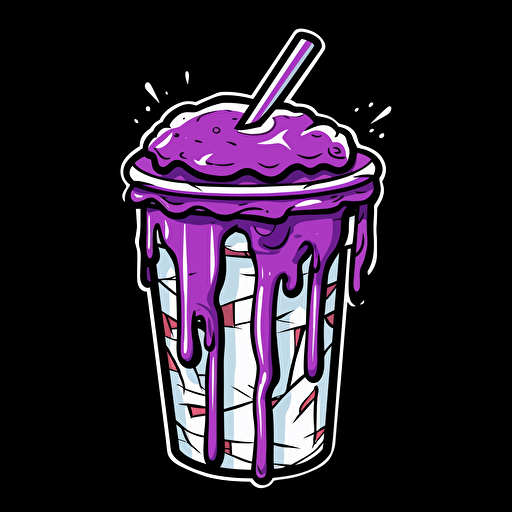 a drippy vector design of a styrofoam cup dripping purple syrup, cartoon style, black background