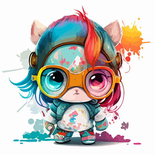 a very cute baby girl unicorn wearing very big sunglasses dressed up as a warrior, as a cartoon type, as a vector, white background, bright graffiti colors