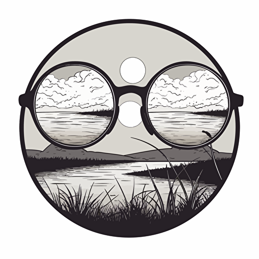 a sticker showing a pair of round shaped sunglasses and inside them a sunset, in black and white vector