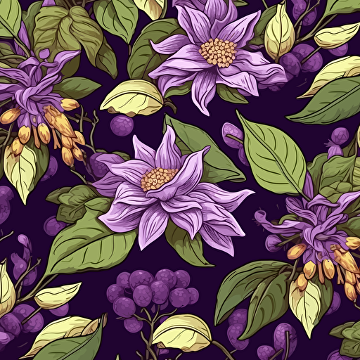 Ylang Ylang & Patchouli illustration, epic composition, 2d vector, purples, seamless pattern